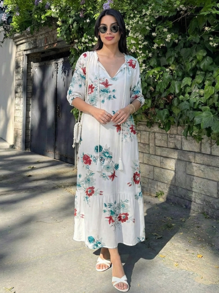 Lillian | Floral V-Neck Short Sleeve Midi Dress