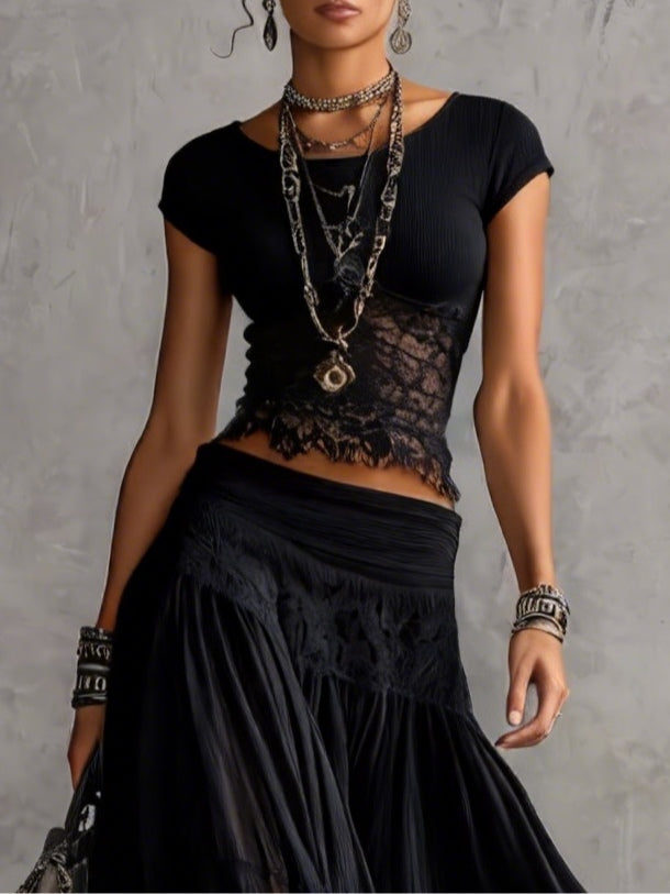 Cordelia | Lace-Paneled Top &amp; Pleated Maxi Skirt Set