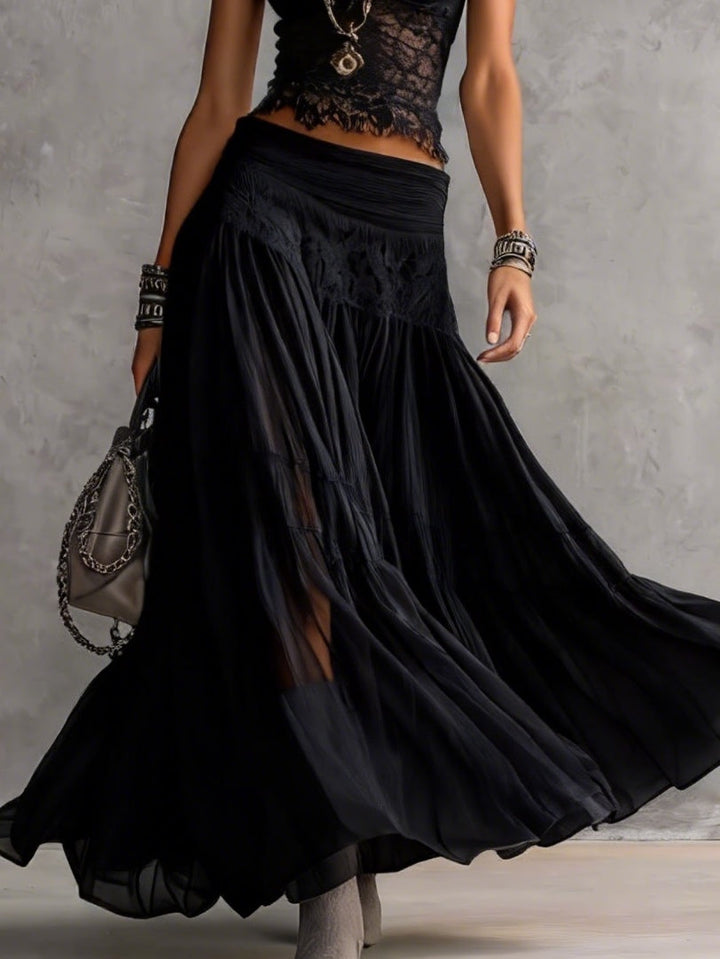 Cordelia | Lace-Paneled Top &amp; Pleated Maxi Skirt Set