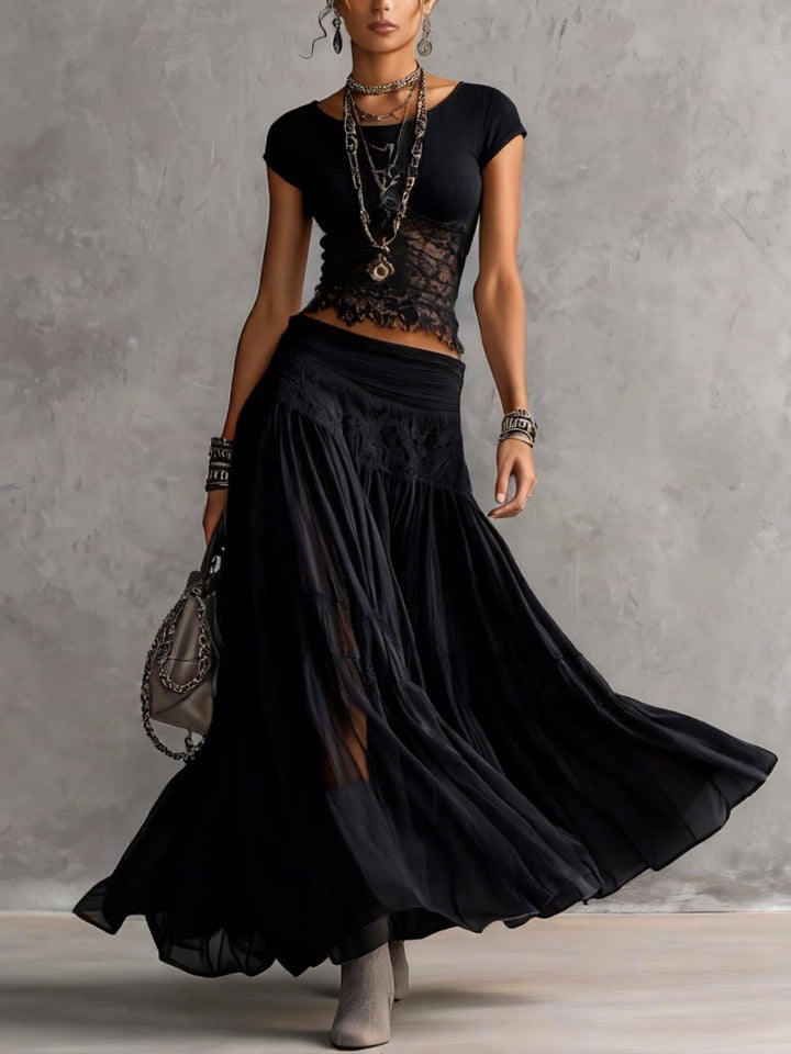 Cordelia | Lace-Paneled Top &amp; Pleated Maxi Skirt Set
