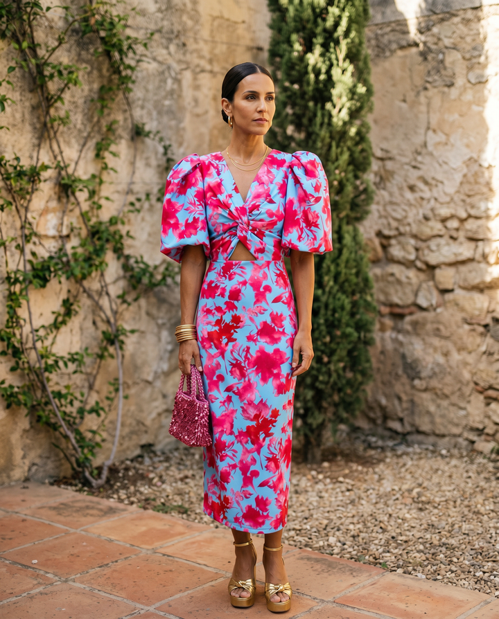 Carla | Floral Midi Dress with Puff Sleeves
