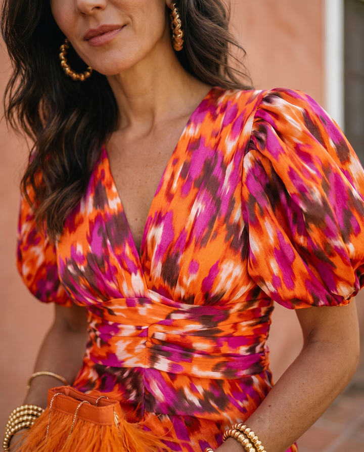 Carla | Floral Midi Dress with Puff Sleeves