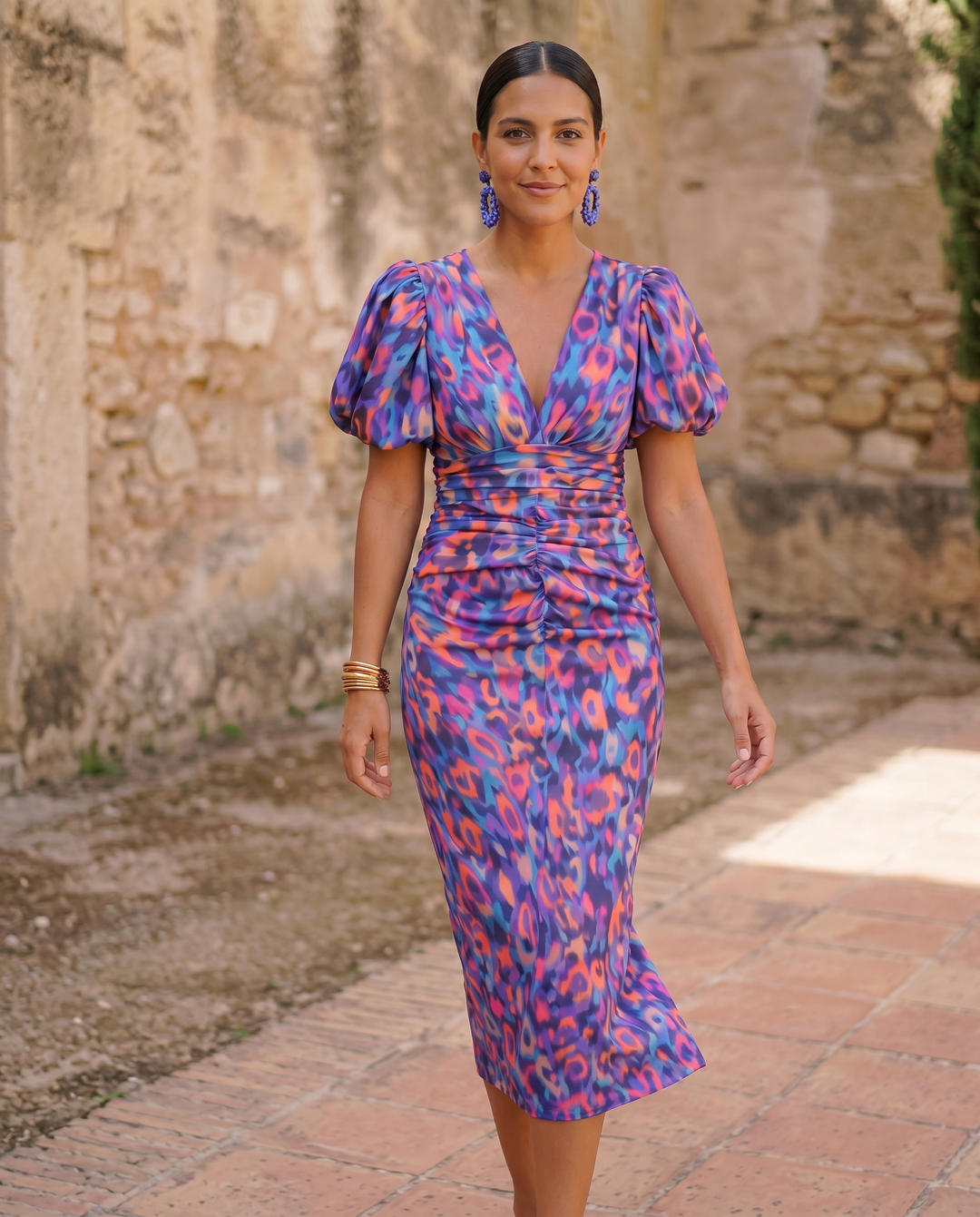 Carla | Floral Midi Dress with Puff Sleeves