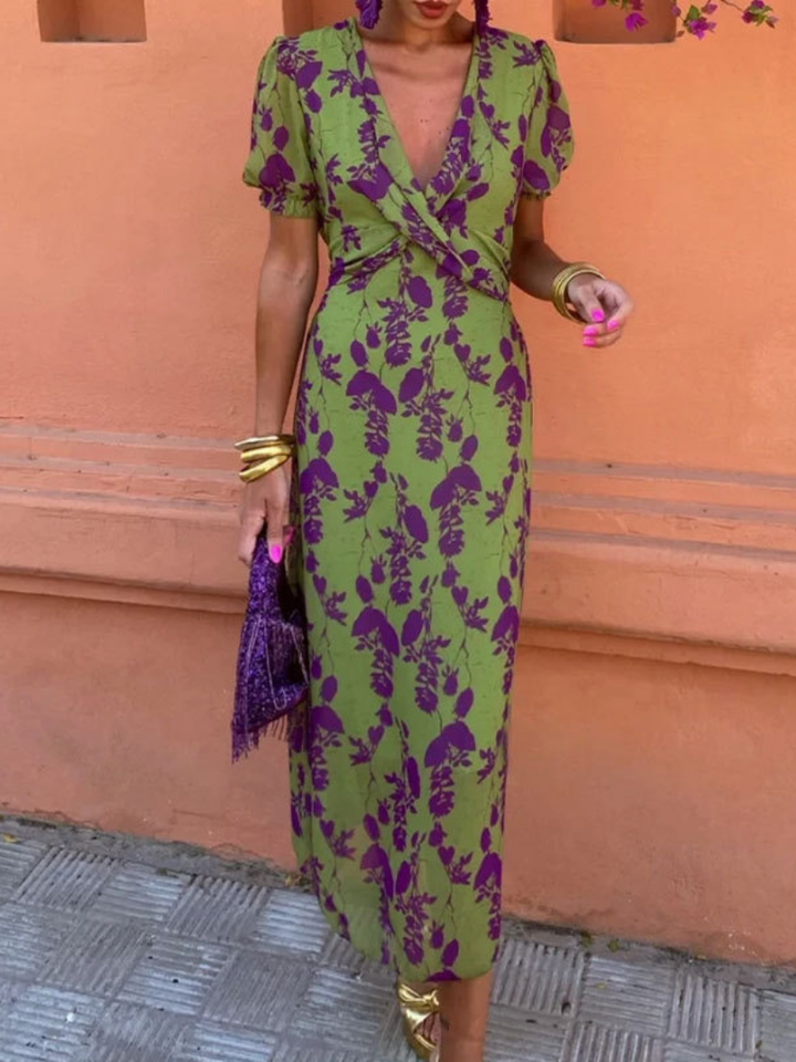 Clara | Short Sleeve Floral V-Neck Midi Dress