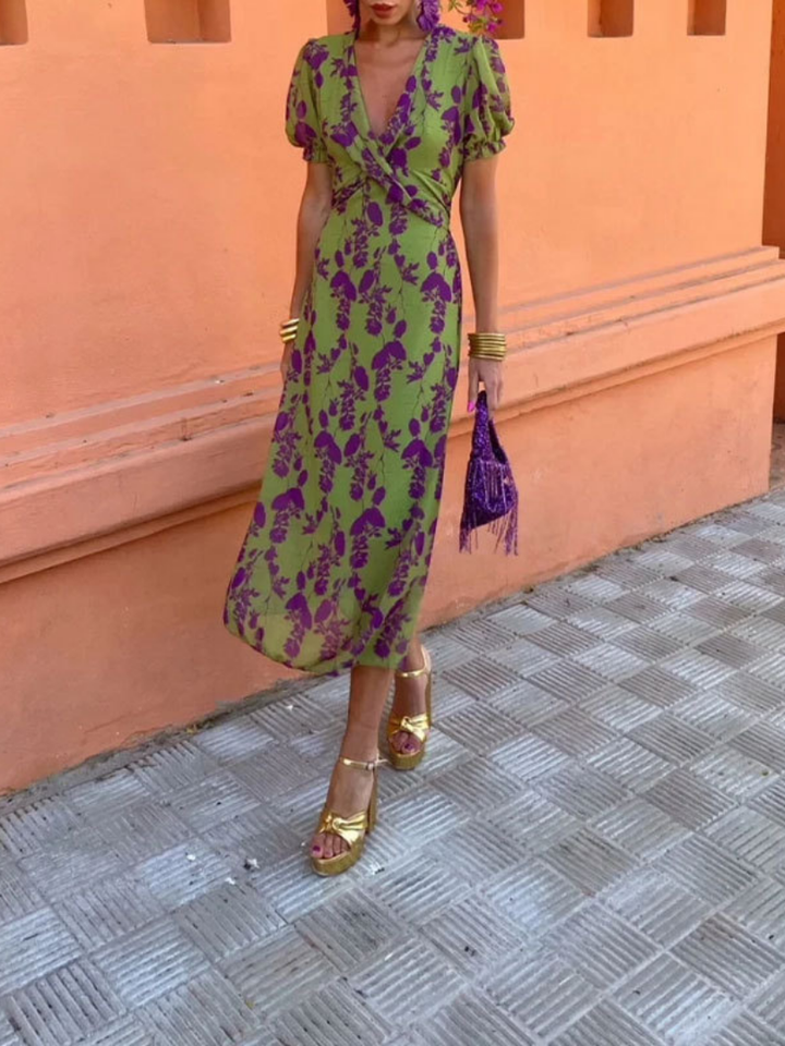 Clara | Short Sleeve Floral V-Neck Midi Dress