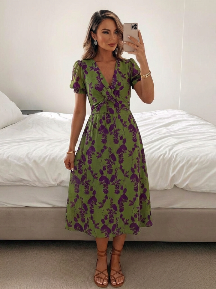 Clara | Short Sleeve Floral V-Neck Midi Dress