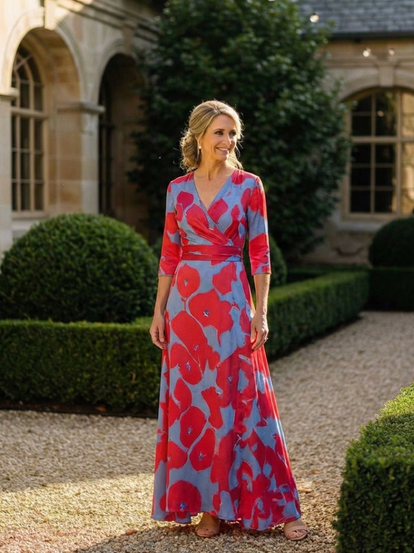 Danielle | Three Quarter Sleeve V-Neck Floral Maxi Dress