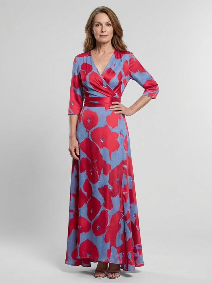 Danielle | Three Quarter Sleeve V-Neck Floral Maxi Dress